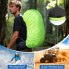 Hiker wearing a Finvizo 55L internal frame backpack with a bright rain cover on a forest trail