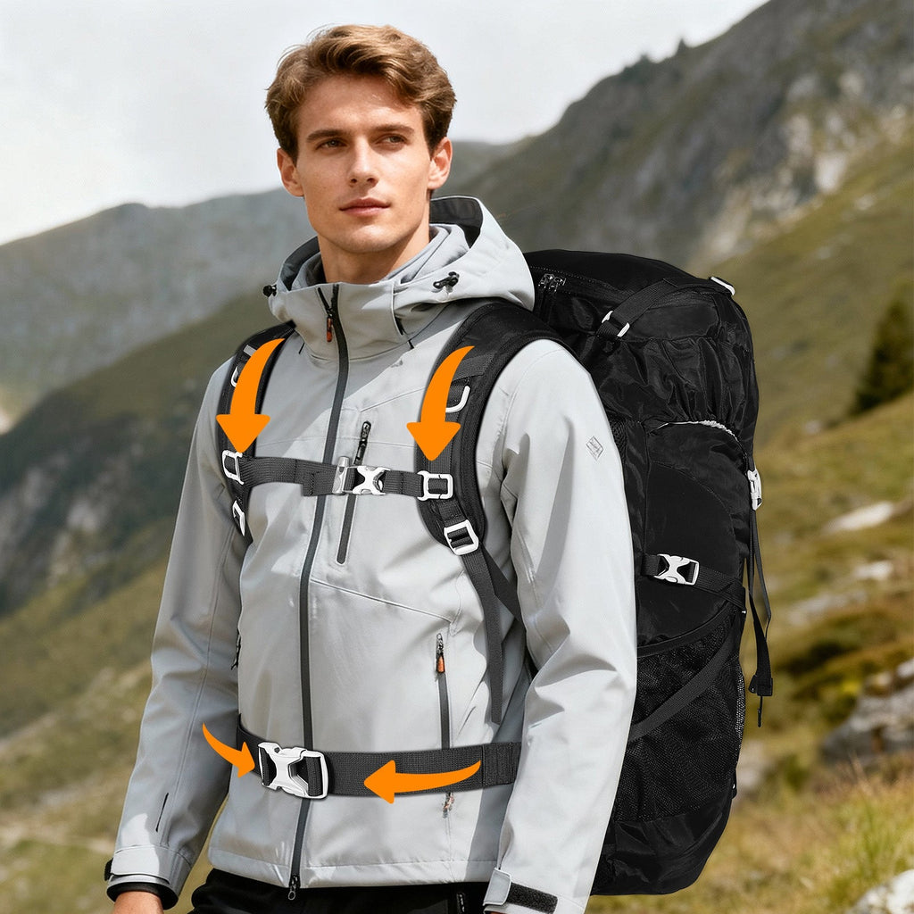 Hiker wearing a 50L backpack on a mountain trail