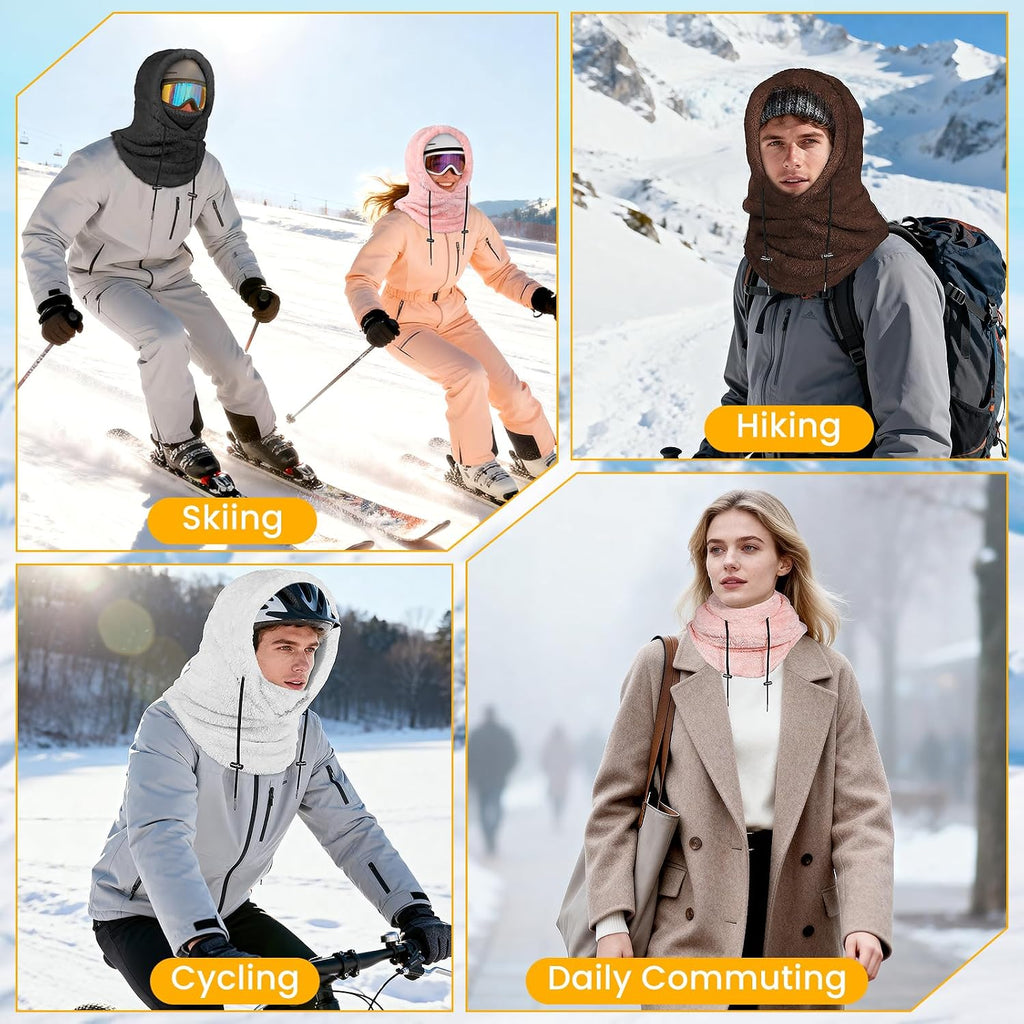 People wearing warm balaclavas while skiing, cycling and standing outdoors in winter