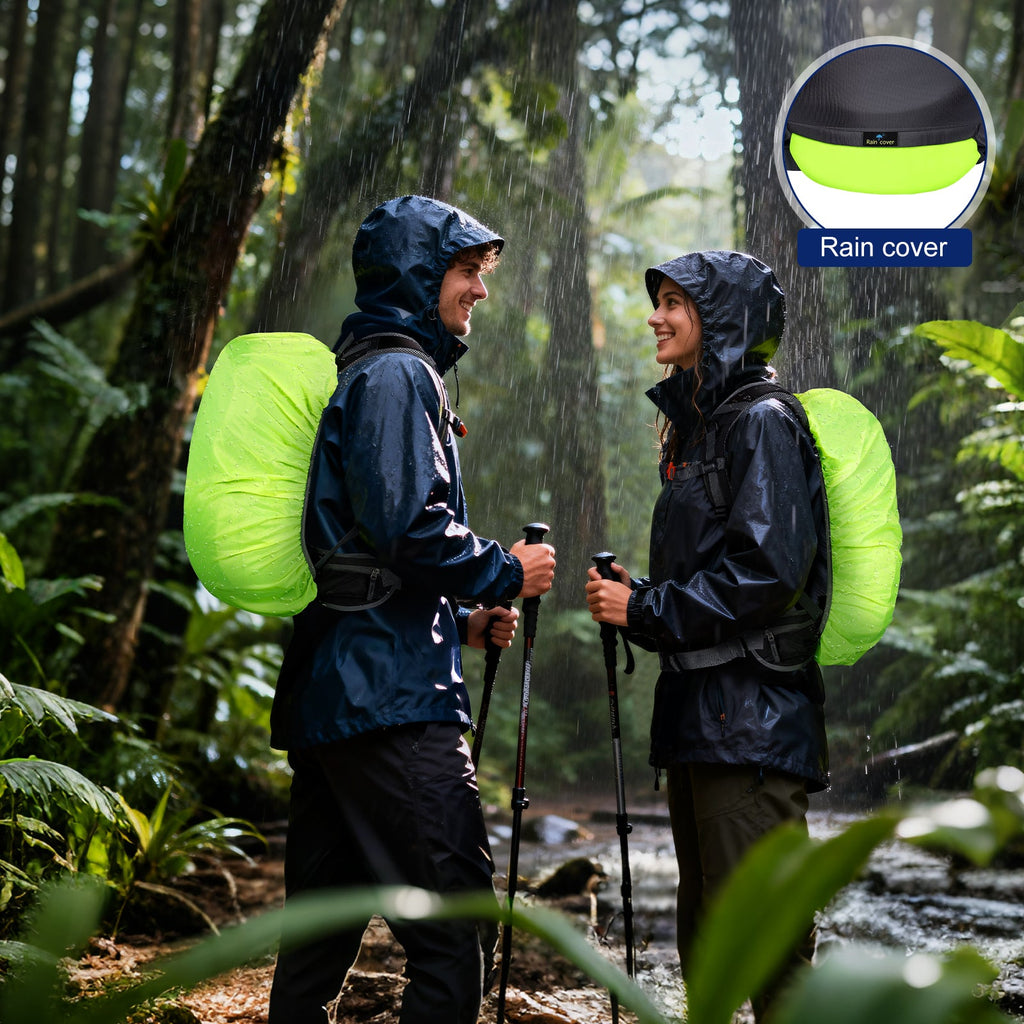 Hikers with rain covers on their backpacks in a wet forest - Pacific Northwest rain gear