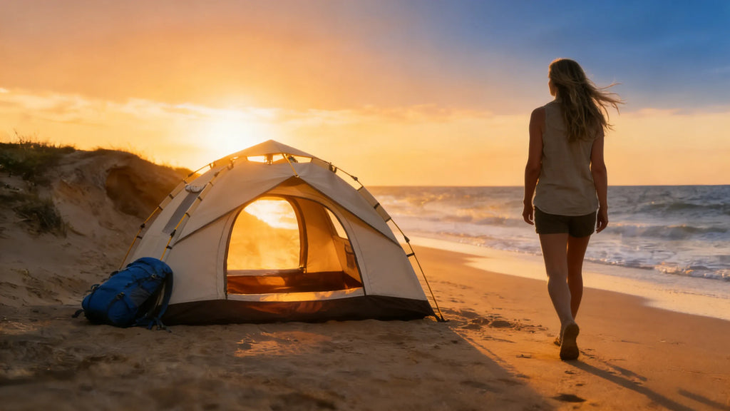 Finvizo instant pop up tent pitched on a beach at sunset for solo camping