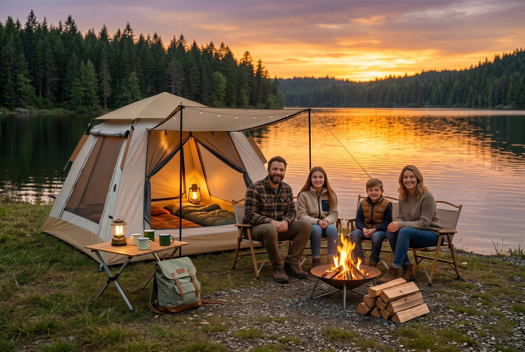 Finvizo family camping with easy set up tent at lakeside campsite