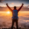 Hiker wearing Finvizo backpack on mountain trail with panoramic mountain view