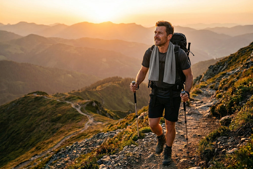 Hiker wearing Finvizo cooling towel for neck on sunny mountain trail