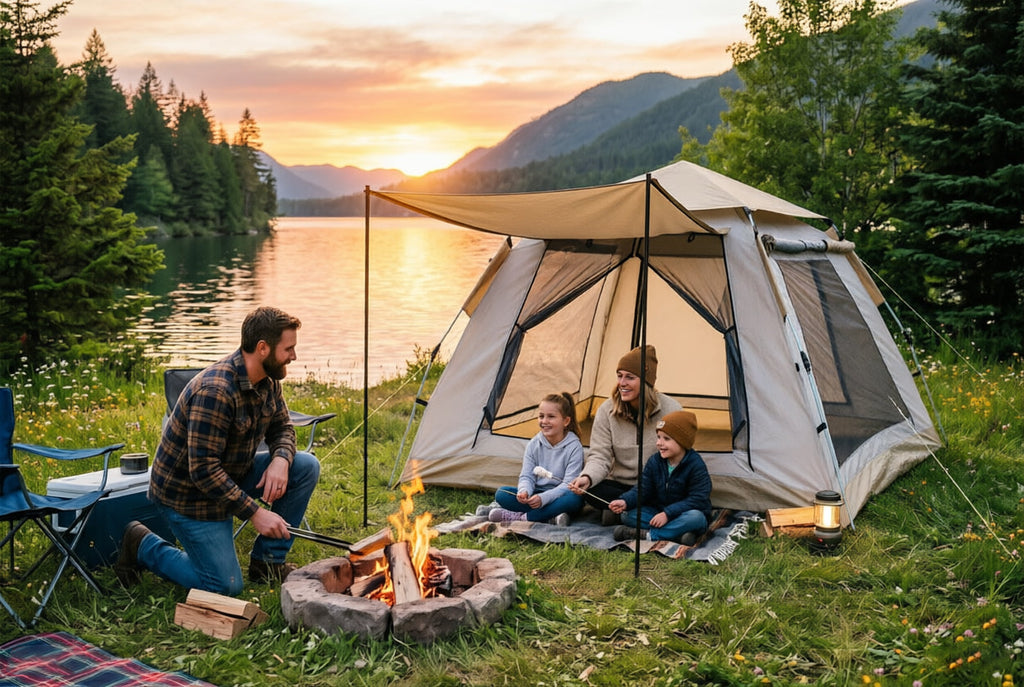 Finvizo family camping tent set up at lakeside during golden hour — perfect weekend getaway