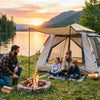 Finvizo family camping tent set up at lakeside during golden hour — perfect weekend getaway