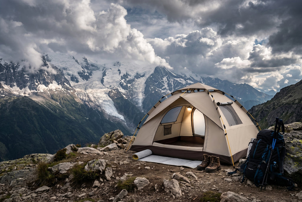 Finvizo 2-Person Tent pitched on sloped campsite at mountain - set up campsite uneven ground" width="1200" height="630" loading="eager"