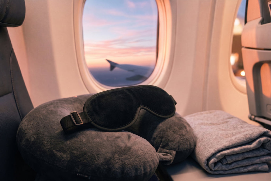 Finvizo 3D Sleep Mask 2-Pack on travel pillow with airplane window - fall asleep faster travel time zones - USA" loading="lazy"