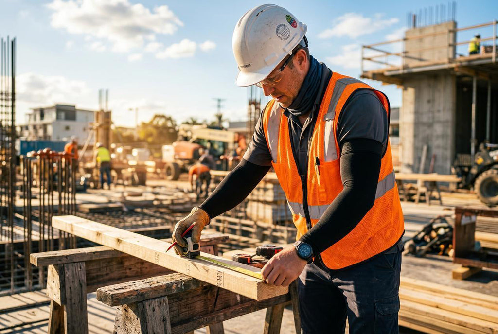 Finvizo UV arm sleeves and neck gaiters for construction workers on sunny job site — UV protection outdoor workers