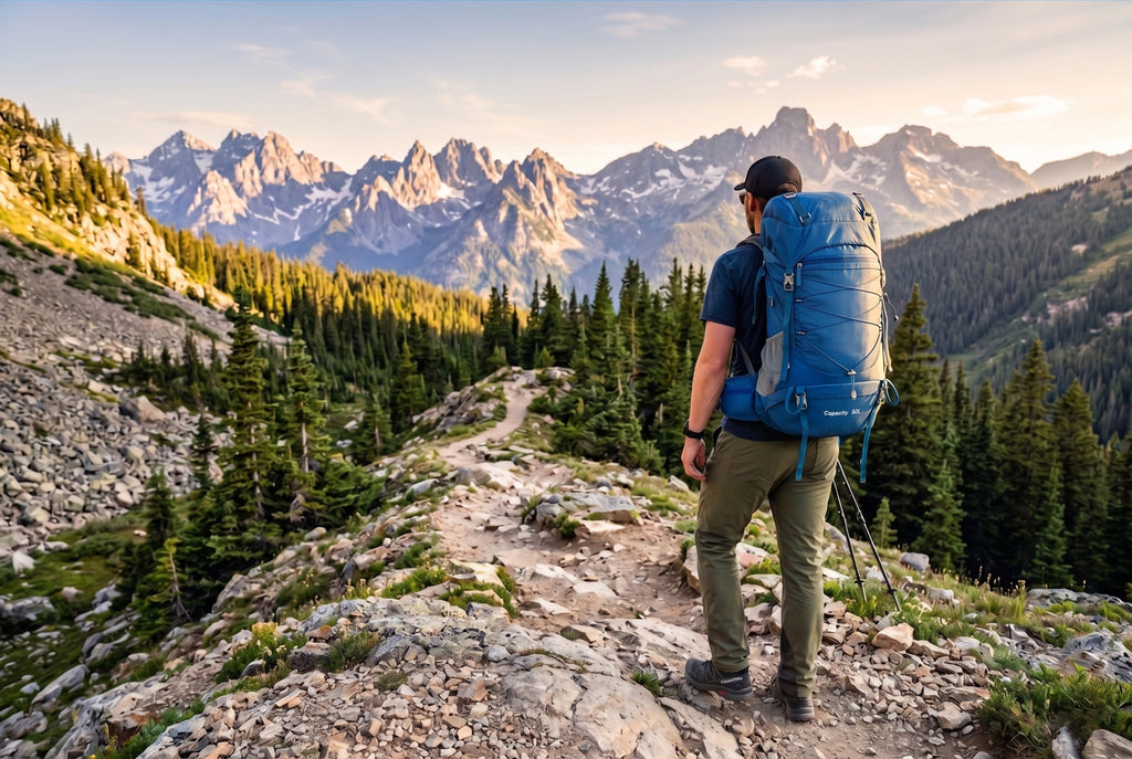 Finvizo hiker wearing 50L ventilated backpack on mountain trail without back pain" loading="lazy"