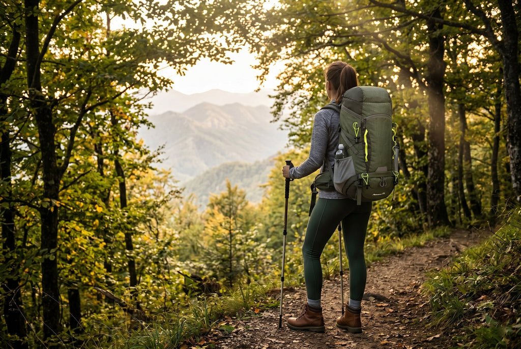Finvizo 45L Backpack for college hiking club trail scene - back to school outdoor club gear