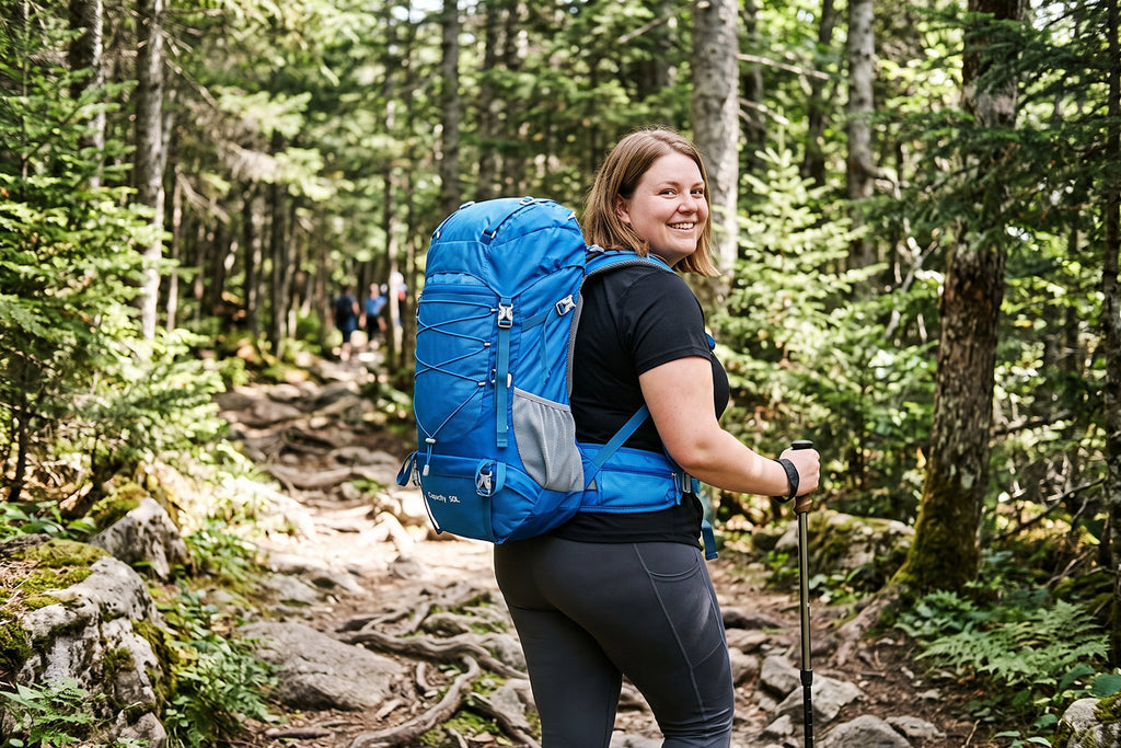 Finvizo 50L Ventilated Backpack for plus-size hikers on a forest trail - overweight hiker gear comforta