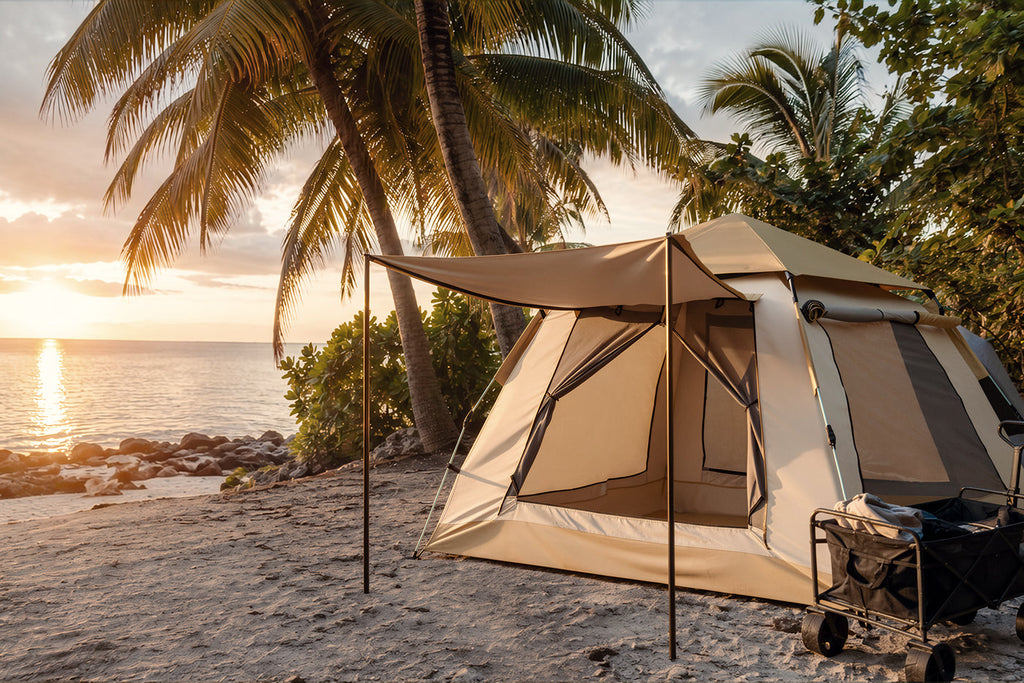 Finvizo camping gear set up on a Florida Keys beach - florida keys camping humidity