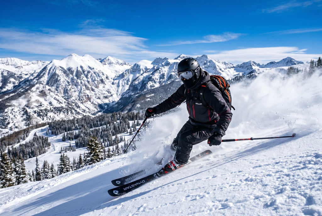 Skier wearing a balaclava seated under goggle frames for fog-free vision on a snowy slope
