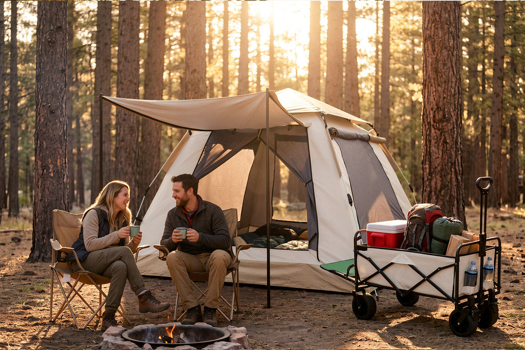 Finvizo pop-up family tent for a golden-hour campsite base camp - camping with baby need list