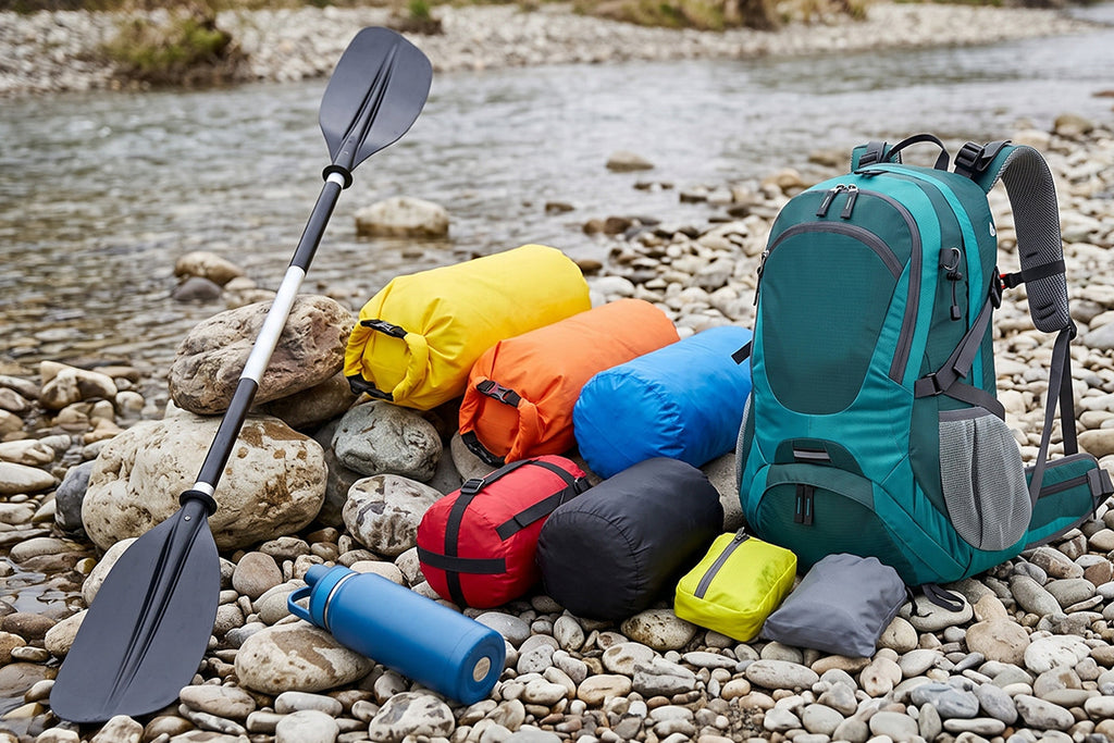 Finvizo camping gear set up at riverside campsite with tent