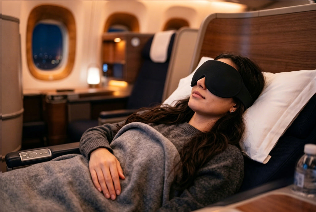 Woman sleeping peacefully on airplane wearing Finvizo 3D contoured blackout sleep mask for travel comfort
