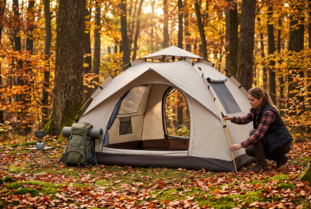 Finvizo Tent pitched among vibrant orange and red fall camping New England foliage at White Mountains campground" width="100%" loading="lazy"