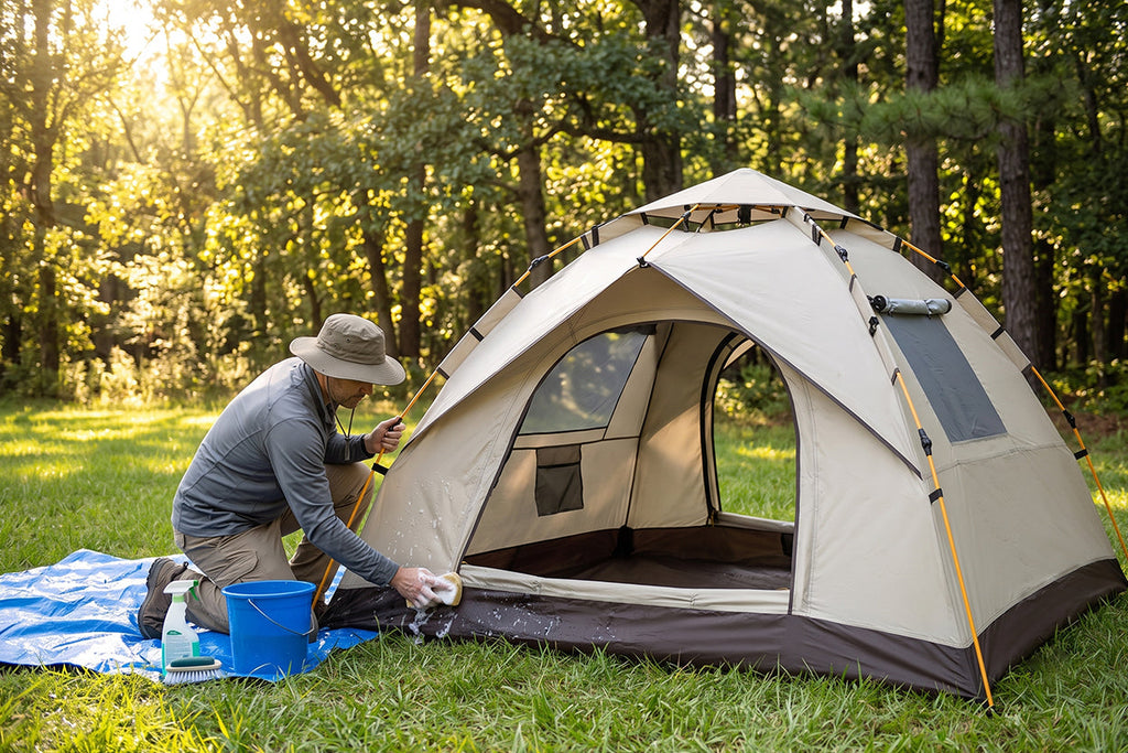 Camper cleaning a Finvizo tent at campsite after a trip — tent maintenance cleaning waterproofing