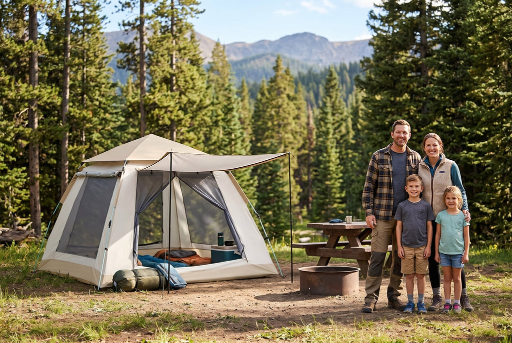 Finvizo Tent Collection for choose tent size family - 4-person tent spacious interior showing room divider and air mattress layout at campsite