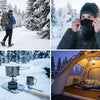 Finvizo winter camping gear set up at a snowy campsite