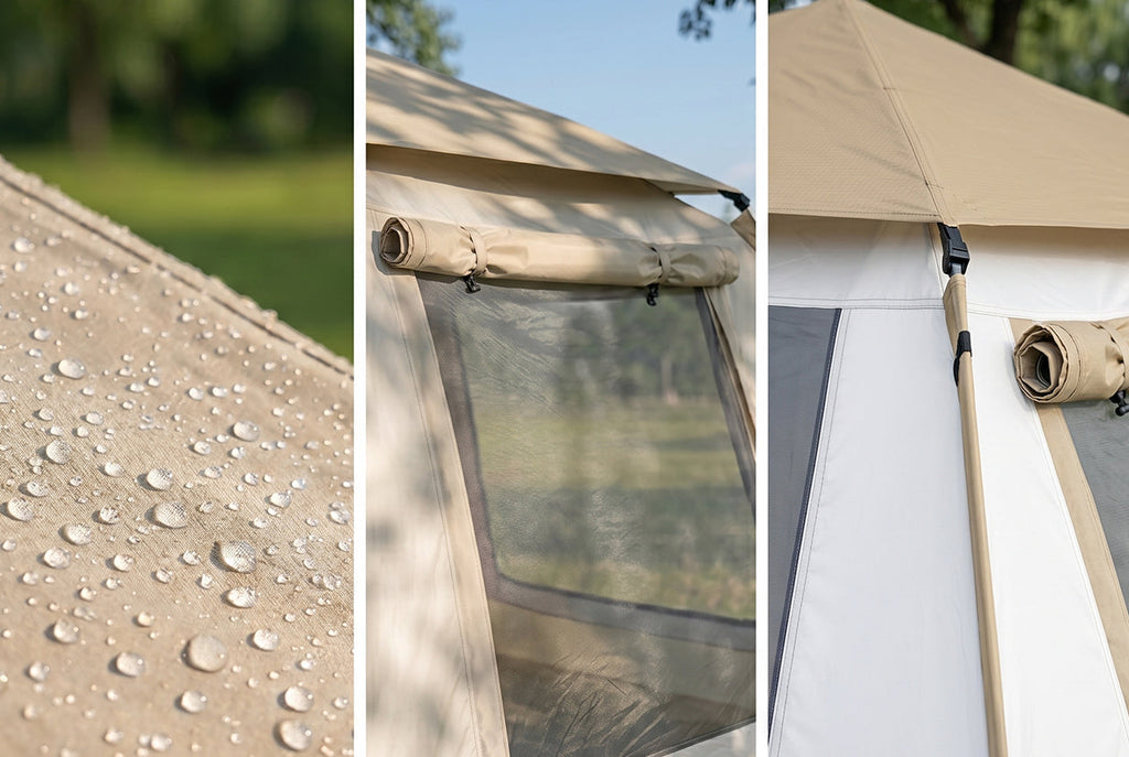 Water droplets beading on Finvizo camping tent fabric in damp conditions