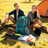 Camping gear and tent set up at a mountain campsite for a dog camping trip