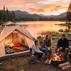 Finvizo instant tent at lakeside campsite with family roasting marshmallows at golden hour sunset