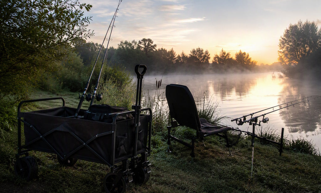 Finvizo wagon with fishing gear on a riverbank at dawn - bank and pier fishing setup