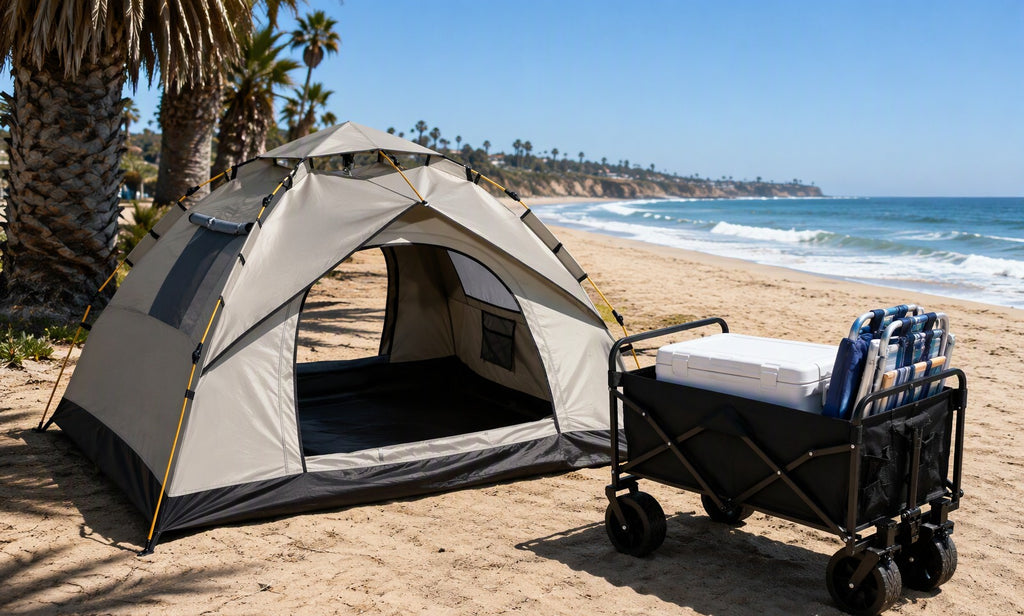 Finvizo pop-up tent and folding wagon loaded with cooler and beach chairs at a California beach campsite