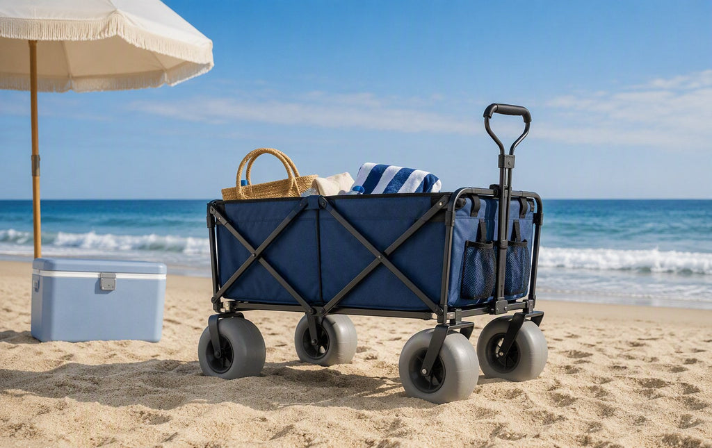 folding beach wagon with balloon sand wheels by ocean umbrella