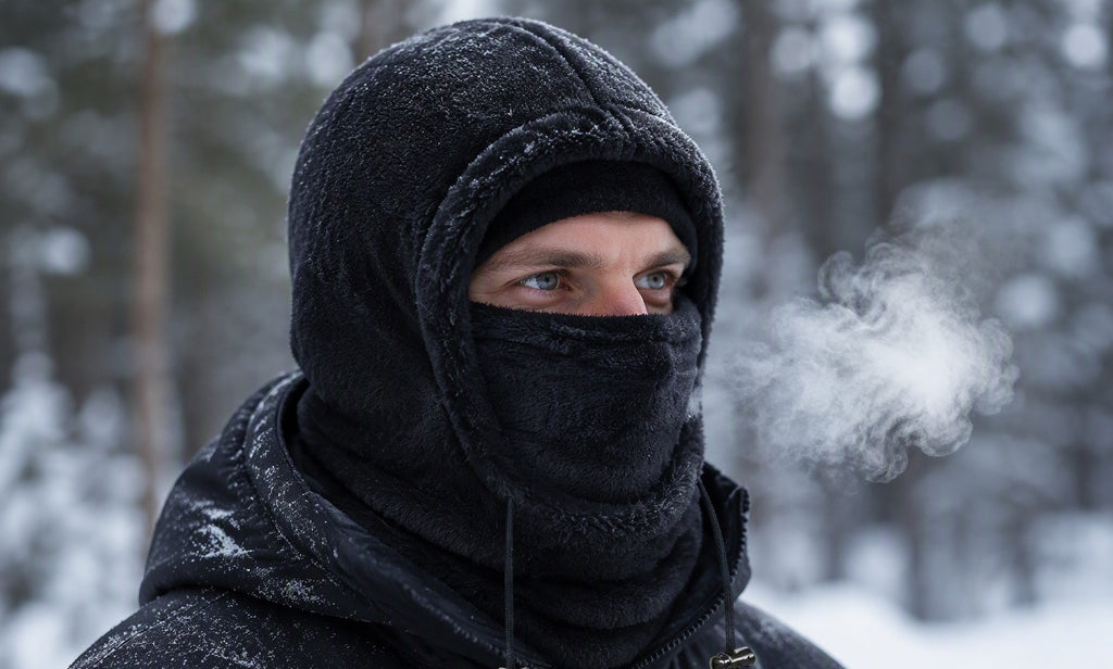 Man wearing a Finvizo fleece balaclava in a snowy forest - best balaclavas for men