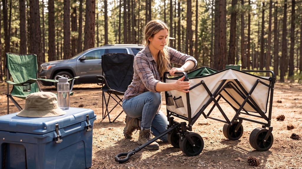 A person unfolding a collapsible four-wheel wagon cart at a campsite