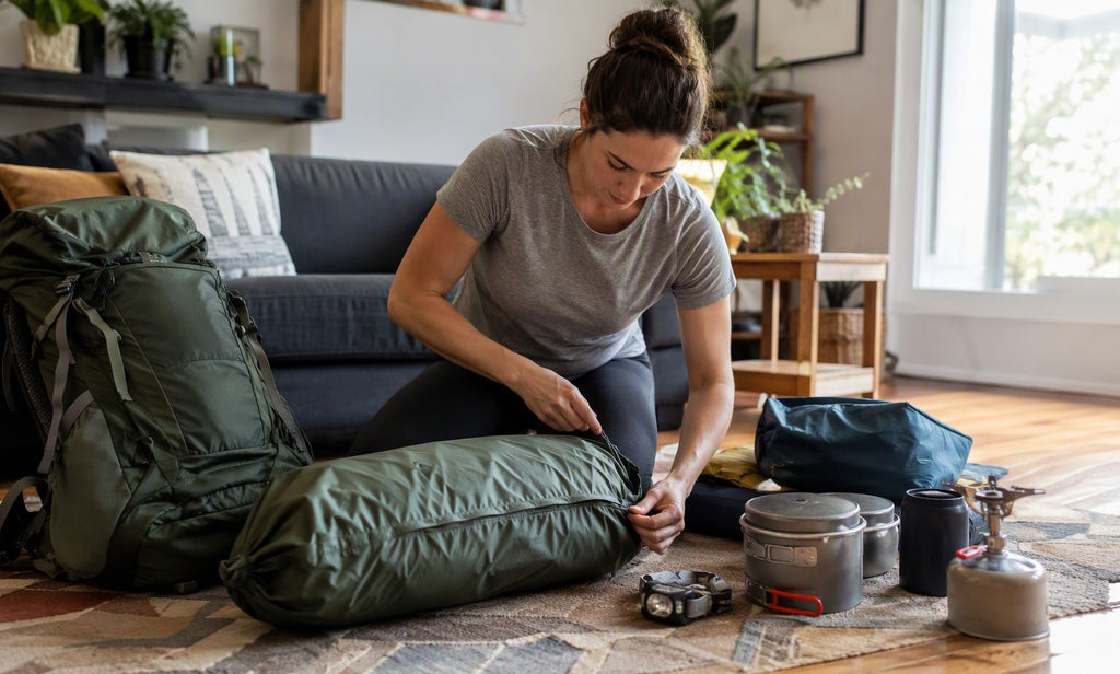 Camper checking backpack, tent and gear at home before a trip - preventive gear maintenance
