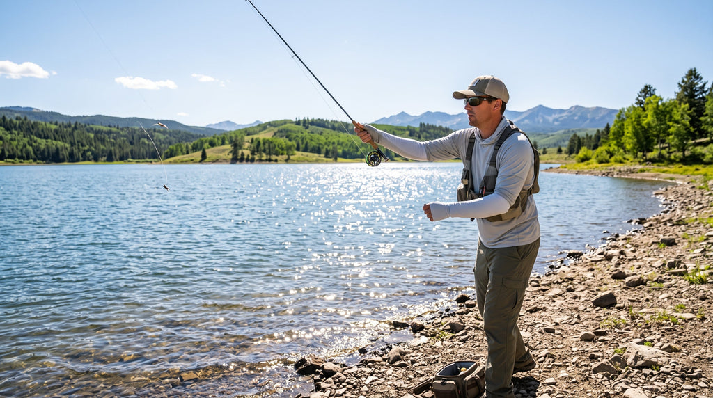An angler casting from a bright lake shore wearing sun-protective arm sleeves