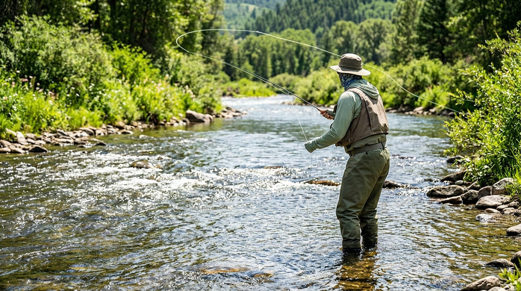 A fly fisher wading in a sunlit river wearing a sun hoodie and neck gaiter
