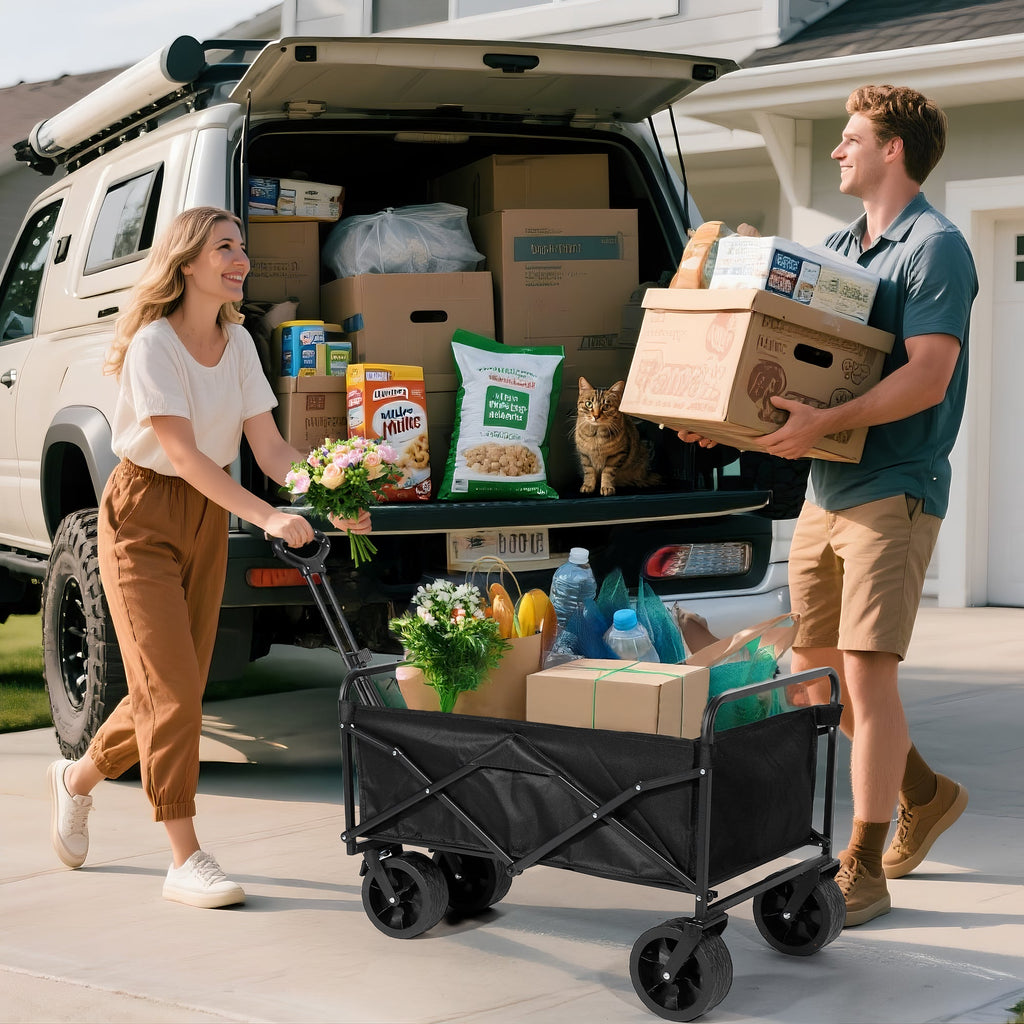 Couple loading Finvizo folding wagon with tailgate supplies at car trunk