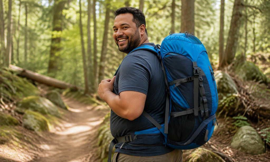 Plus-size hiker comfortably wearing a Finvizo backpack with adjusted hip belt on a forest trail