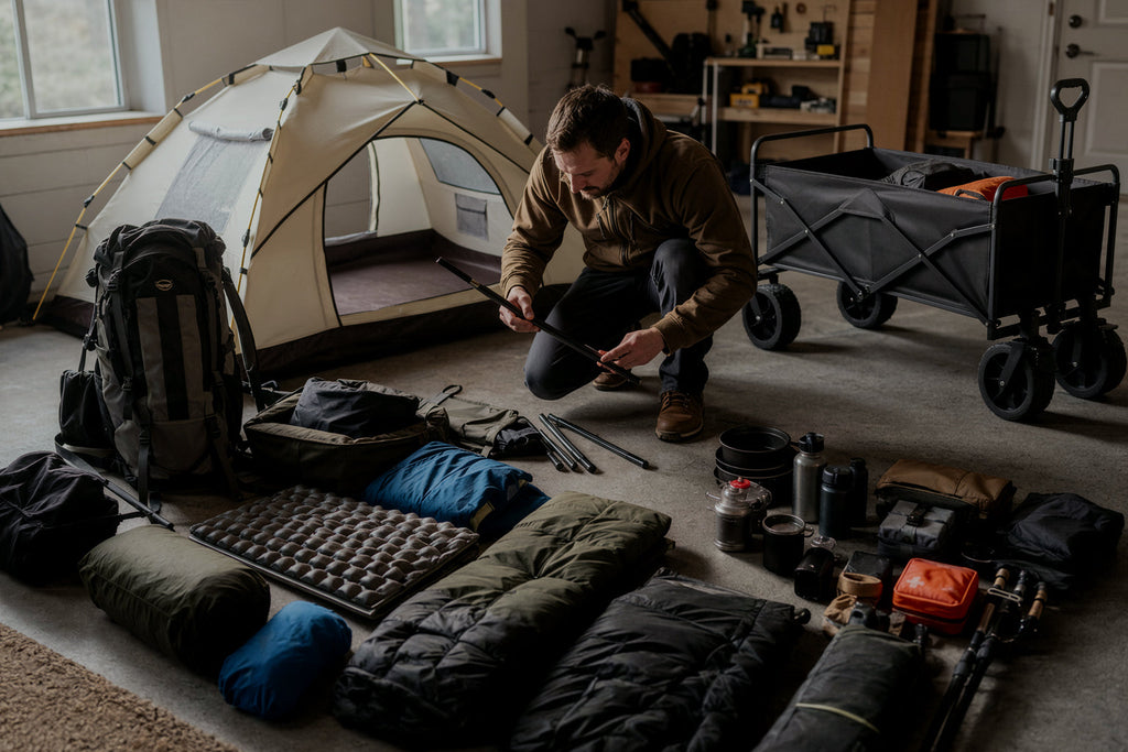 Finvizo camping gear laid out for seasonal inspection - seasonal gear check inspect be