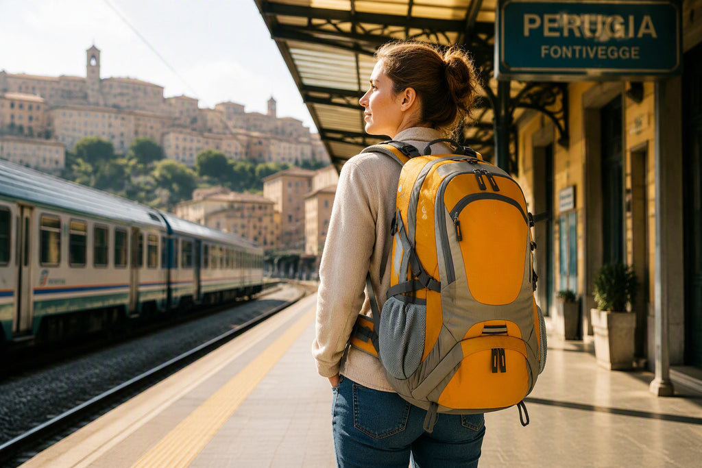 Finvizo 45L backpack worn by a woman at a European train station platform - womens travel rucksack
