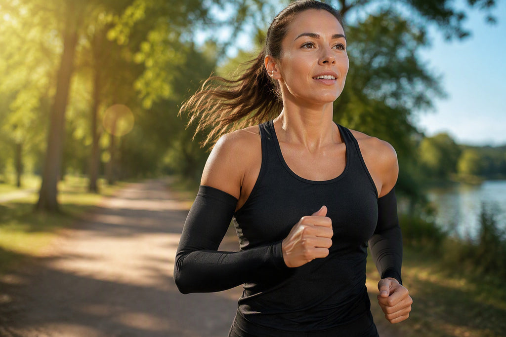 Finvizo woman runner wearing UPF 50+ cooling sleeves outdoors - arm sleeves for women