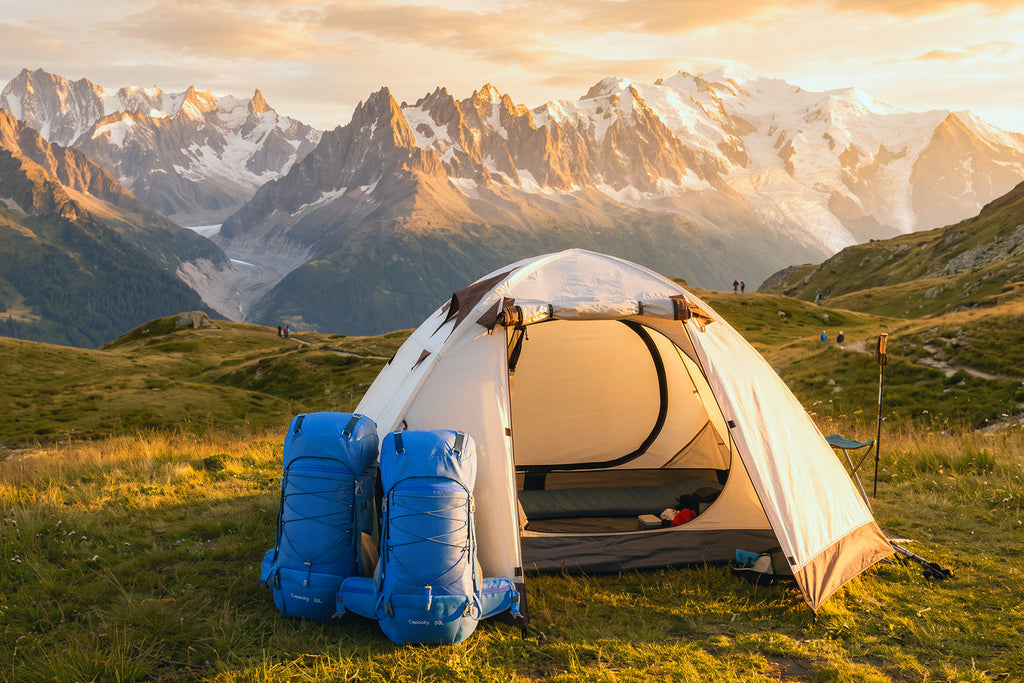 Finvizo 2-person backpacking tent pitched on an alpine meadow at golden hour - tent ultralight backpacking