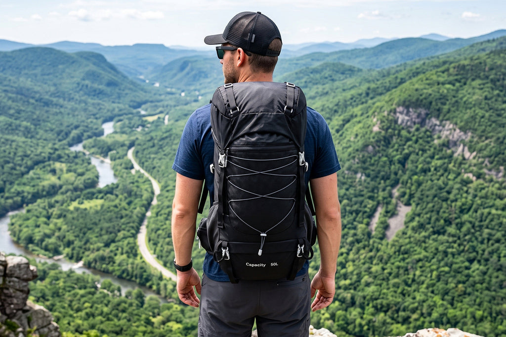 Finvizo 50L Ultralight Backpack worn by a hiker at a mountain overlook - lightweight backpacking backpack