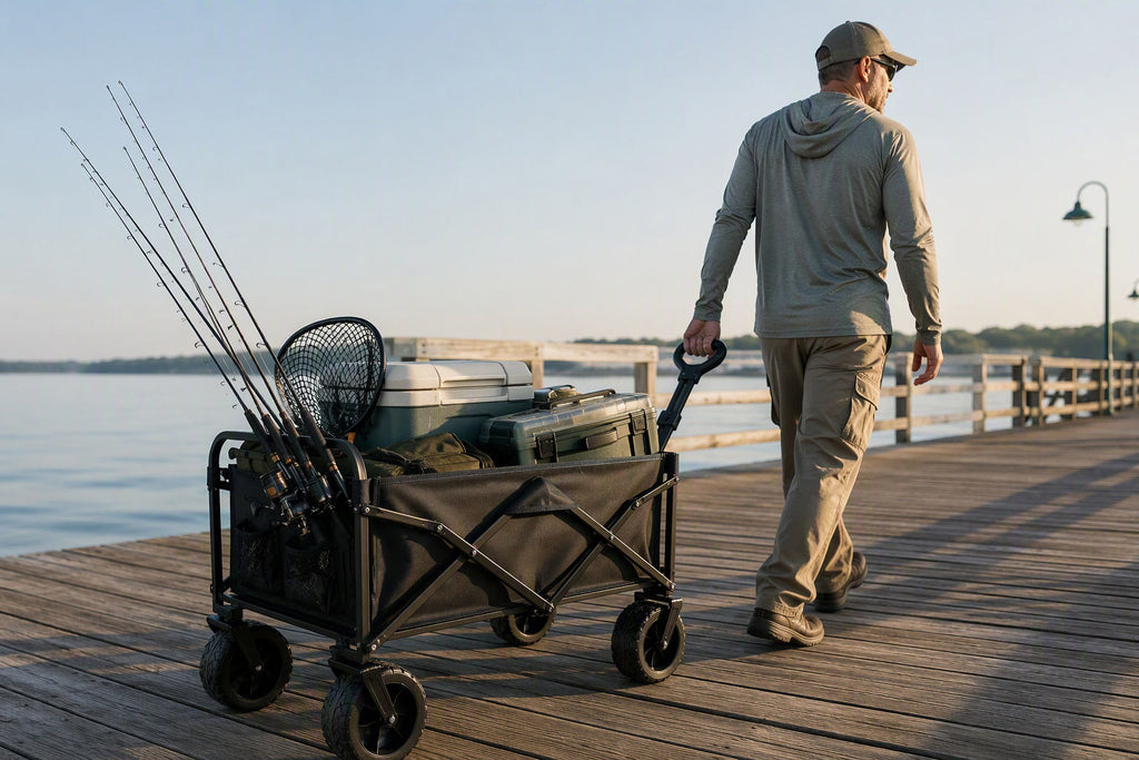 Finvizo folding wagon cart loaded with fishing rods and cooler on a wooden pier - folding fishing cart