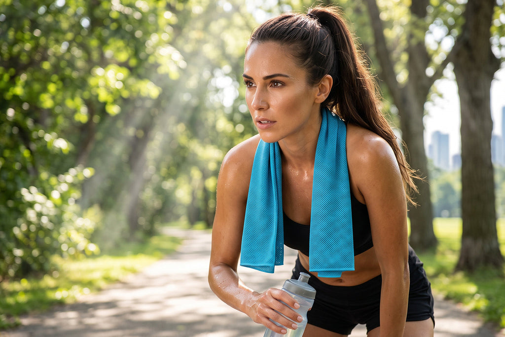 Finvizo cooling towel around a runner's neck on a sunny park path - ice towel