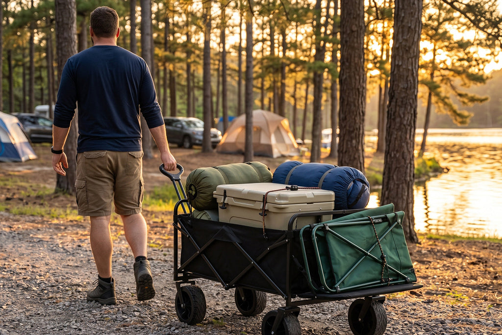 Finvizo folding wagon loaded with cooler and camping gear on a campground path - family camping gear