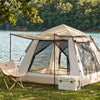 Finvizo instant cabin tent with porch awning at a lakeside campsite - pop up tent with sides