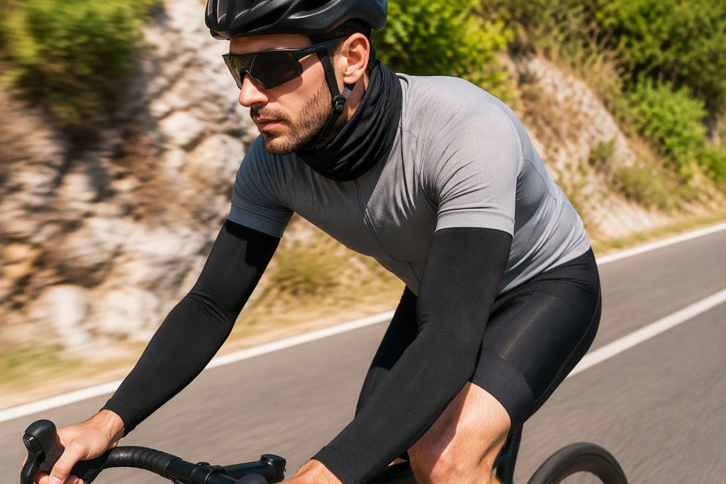 Finvizo UPF 50 arm sleeves and neck gaiter worn by a cyclist on a sunny road - forearm sleeve