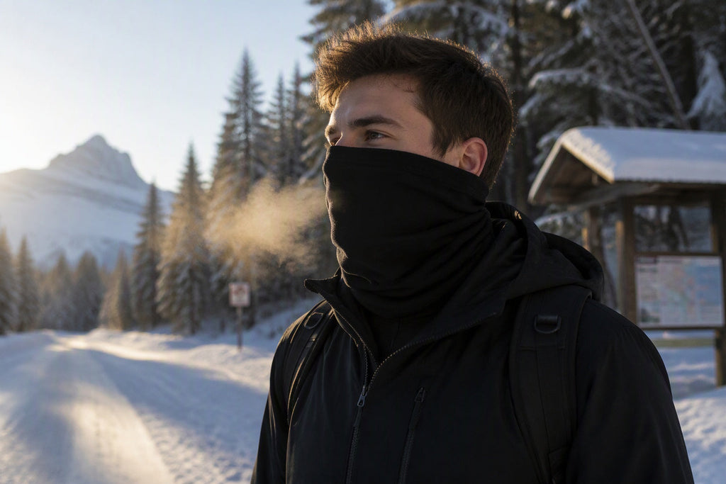 Finvizo fleece neck gaiter pulled over a man's lower face on a frosty morning - neck warmer for men