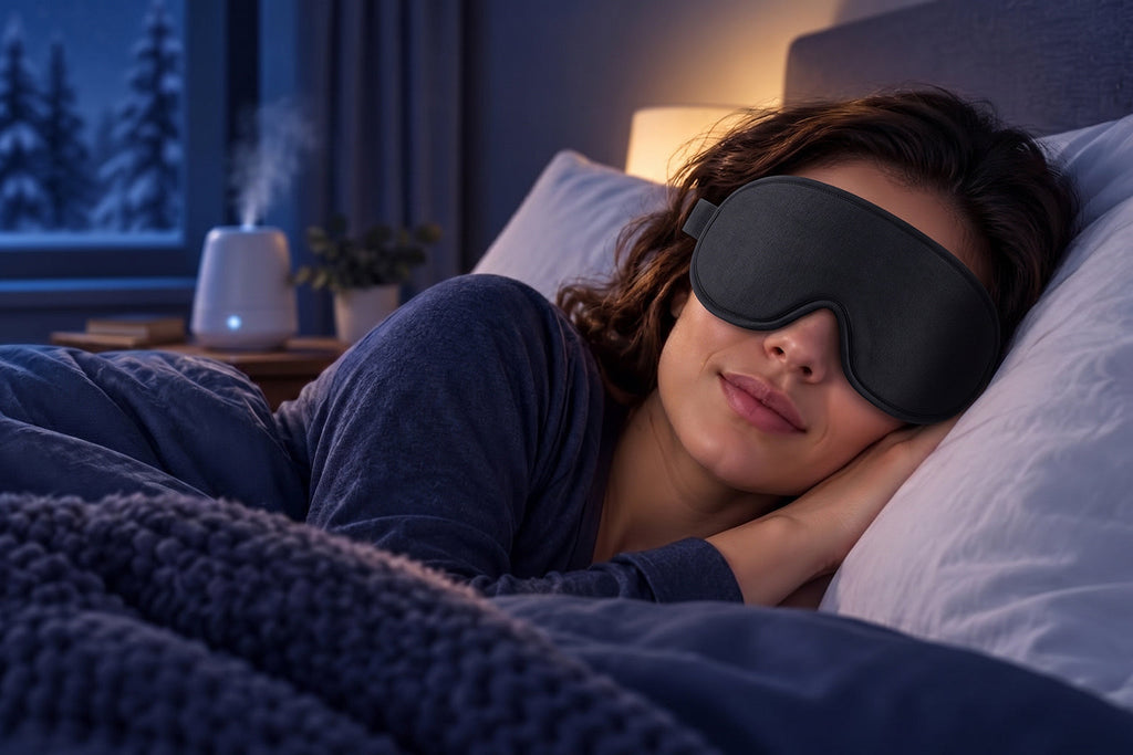 Finvizo dry eye sleep mask guide showing a contoured blackout mask at bedtime